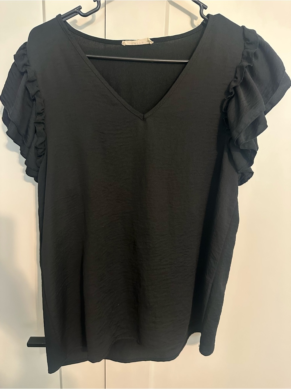 entro Black V-Neck Top with Ruffle Sleeves